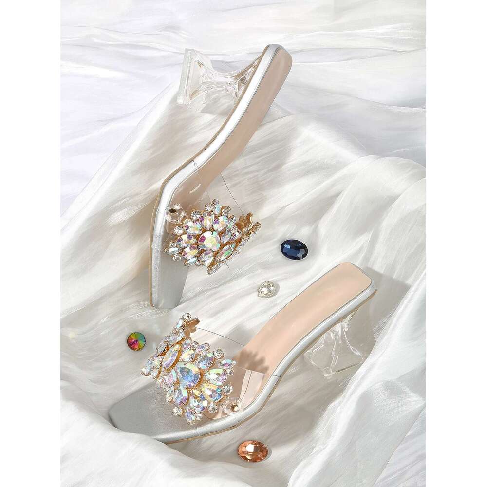 Sier Summer Bright Transparent Crystal Half Trailer High Heel with Thick Heels and Large Sized Outwear Fashion Sandals