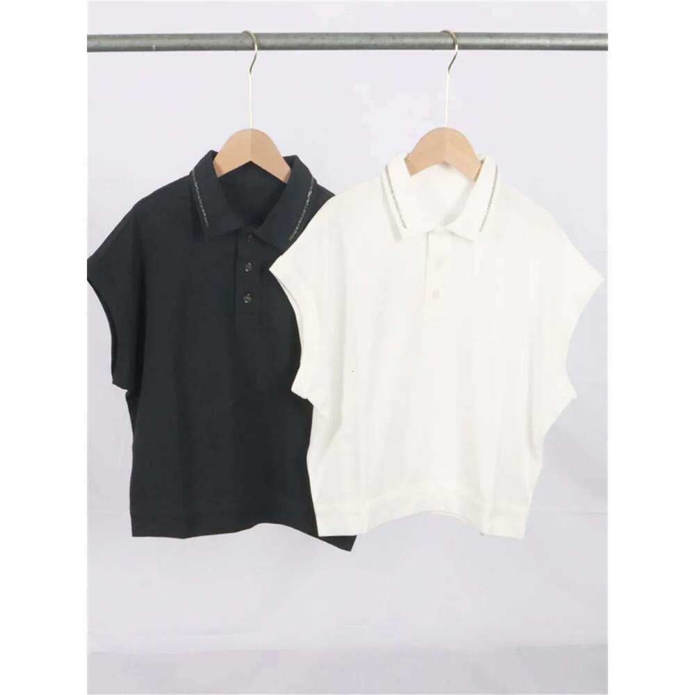 Women 100% Cotton T-Shirt Beading Chain Turn-Down Collar Simple 2 Colors Female Casual Tshirts