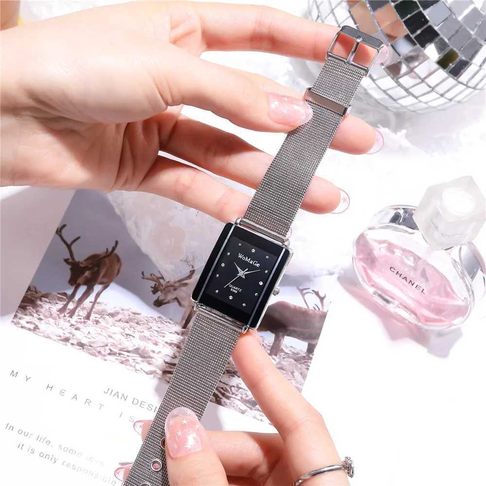 Fashion rectangular mesh steel Rhinestone quartz womens wristbandXJ250304