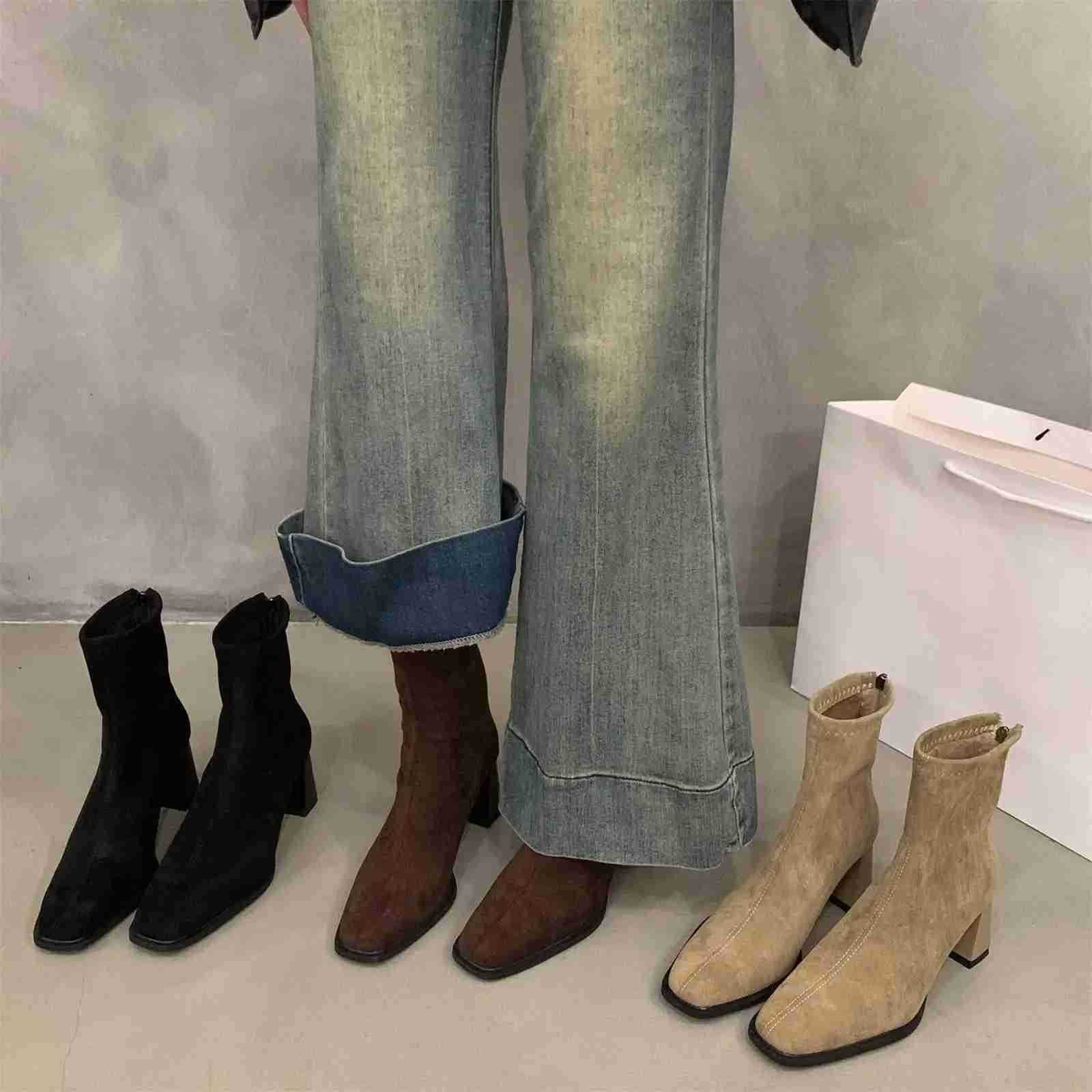 High Heel Korean Small Ankle Boots Suede Riding Boots Wens Shoes 2024 New Autumn and Winter Square Thin Short Boots Z250304