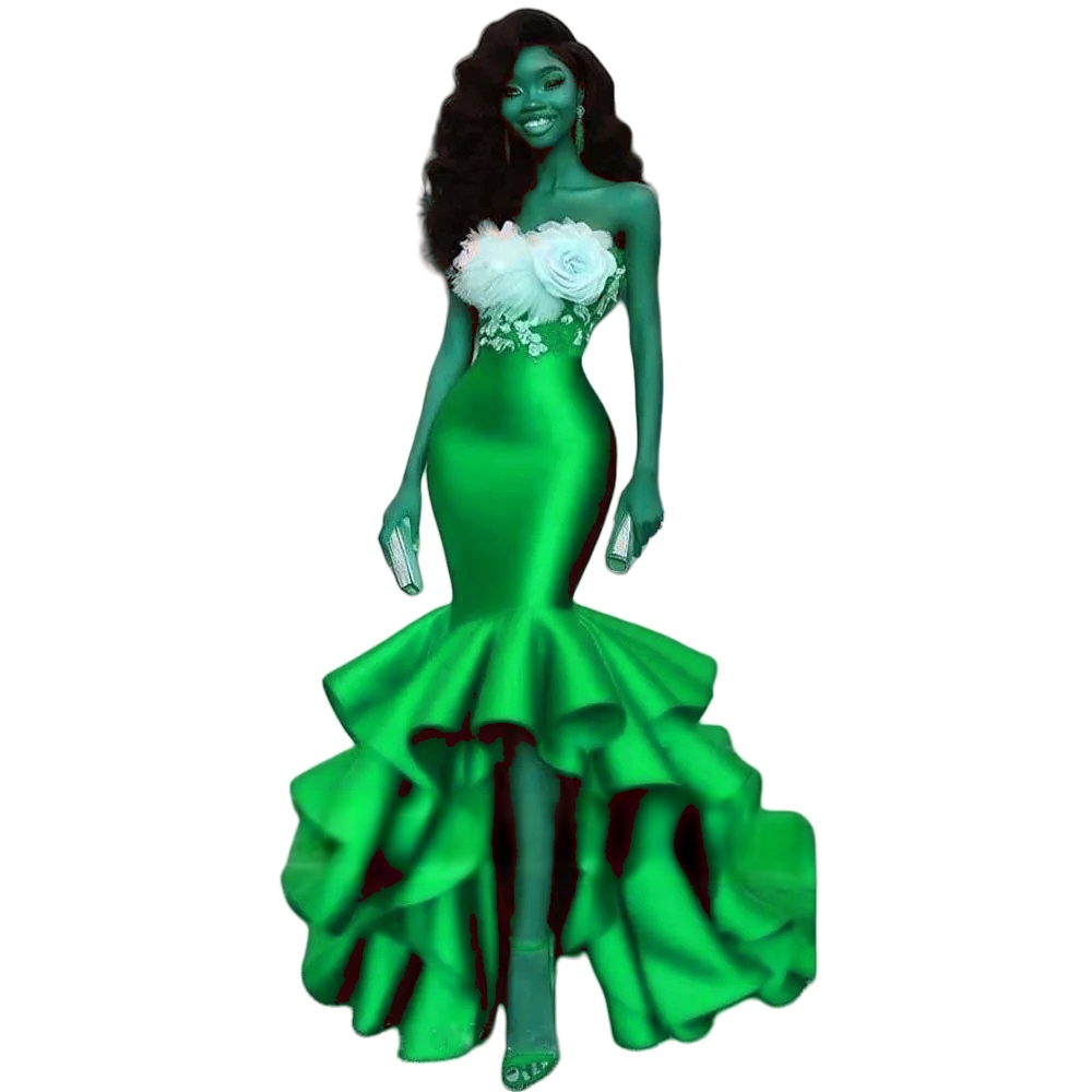 Chic High Low Red Mermaid Prom Dresses With Hand Made Flowers Appliques Strapless Corset Evening Gowns African Black Girls Pageant party Dress