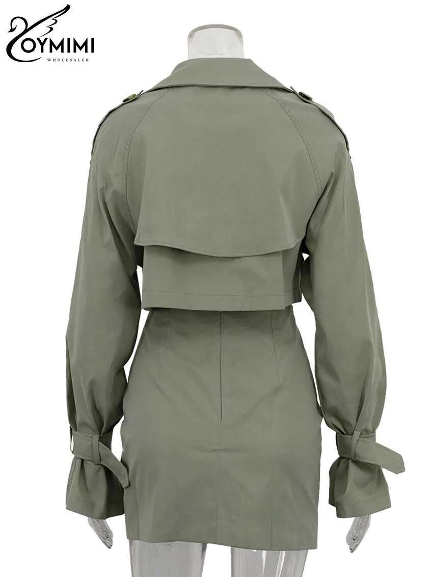 Elegant Green 2 Peice Woman Fashion Lapel Long Sleeve Double Breasted Crop Tops And High Waist Button Slim Skirts Set