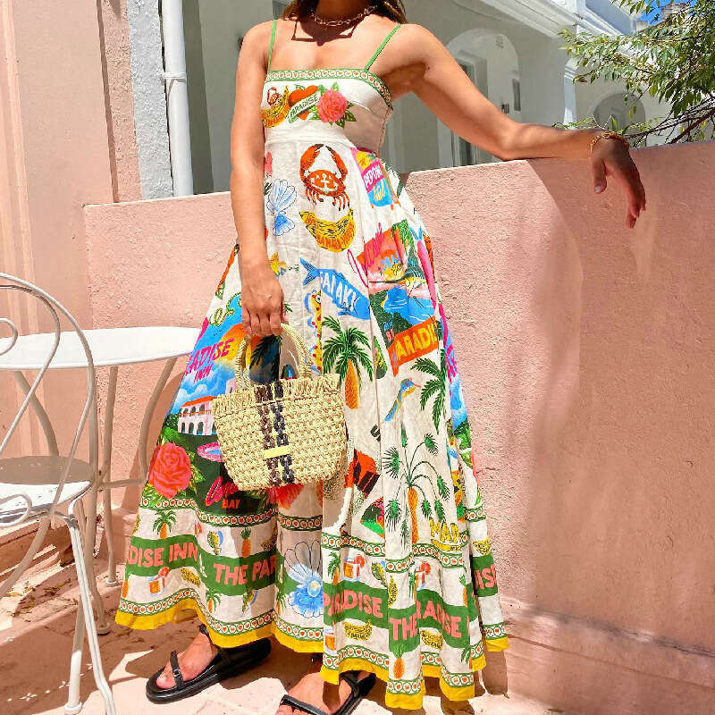 sexy women's suspender graffiti printed sleeveless cotton and en dress, 2025 new casual versatile fashion clothing