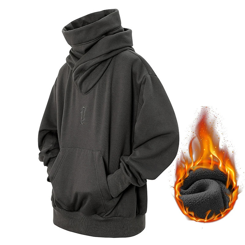 Embroidery Turtleneck Sweatshirt For Men Japanese Ninja Hoodies Autumn Hip Hop Fleece Pocket Streetwear Oversized Y2K Hoody 250304
