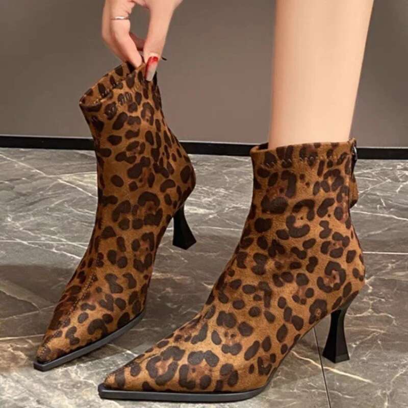 Boots 2025NEW Ankle Leopard Women Pointed Toe Ladies Chunky High heel Female Shoes Footwear Plus Size