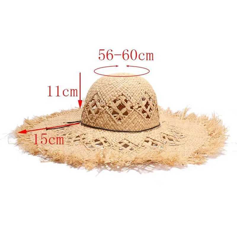 Natural Large Wide Brim Raffia Str Hats Woven Circle Fringe Beach C Summer Hollow Out Big Str HatXJ250304