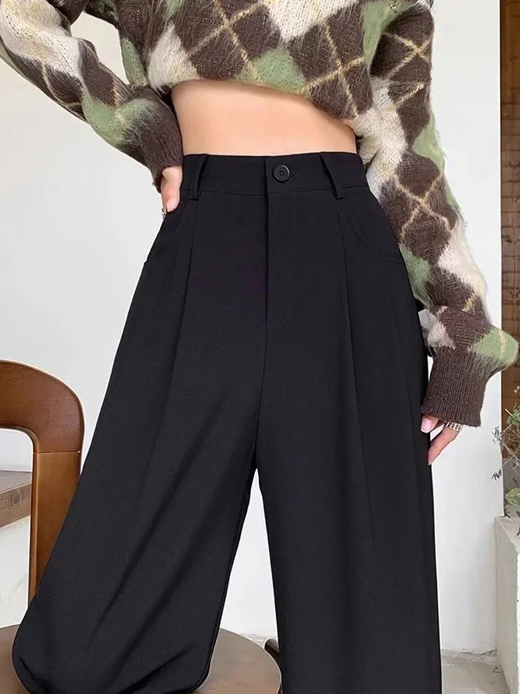 Women Fashion Suit Pants Lady Breathable Baggy High Waist Wide Leg Trousers Lady Straight Leg Gray Classic Office Long Pants 250303