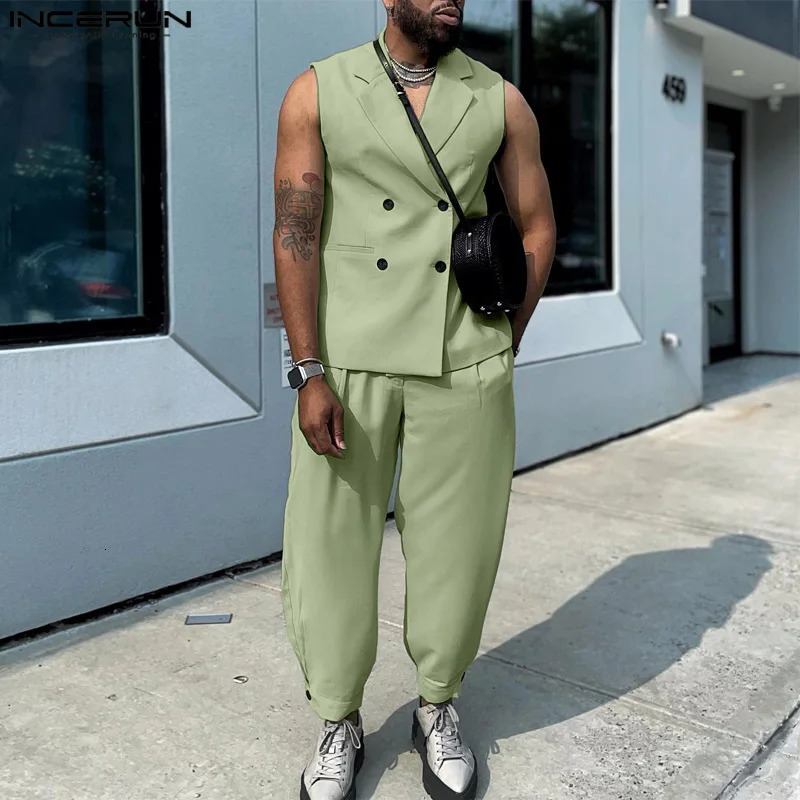 INCERUN Men Sets Solid Color Lapel Sleeveless Double Breasted Vests Pants 2PCS Streetwear 2024 Fashion Casual Suits S5XL y250303