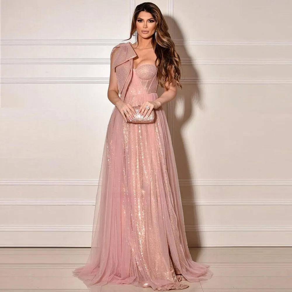 Dreamy Pink Prom Gown A-line Illusion Bow Sleeveless Sparkly Celebrity Banquet Dress Chic Formal Party Dress Long vestidos Zipper Back Evening Gowns