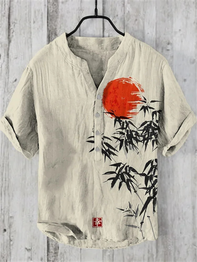 Mens summer printed short sleeved casual Tshirt Japanese style Henley shirt fashionable top linen 250227Z