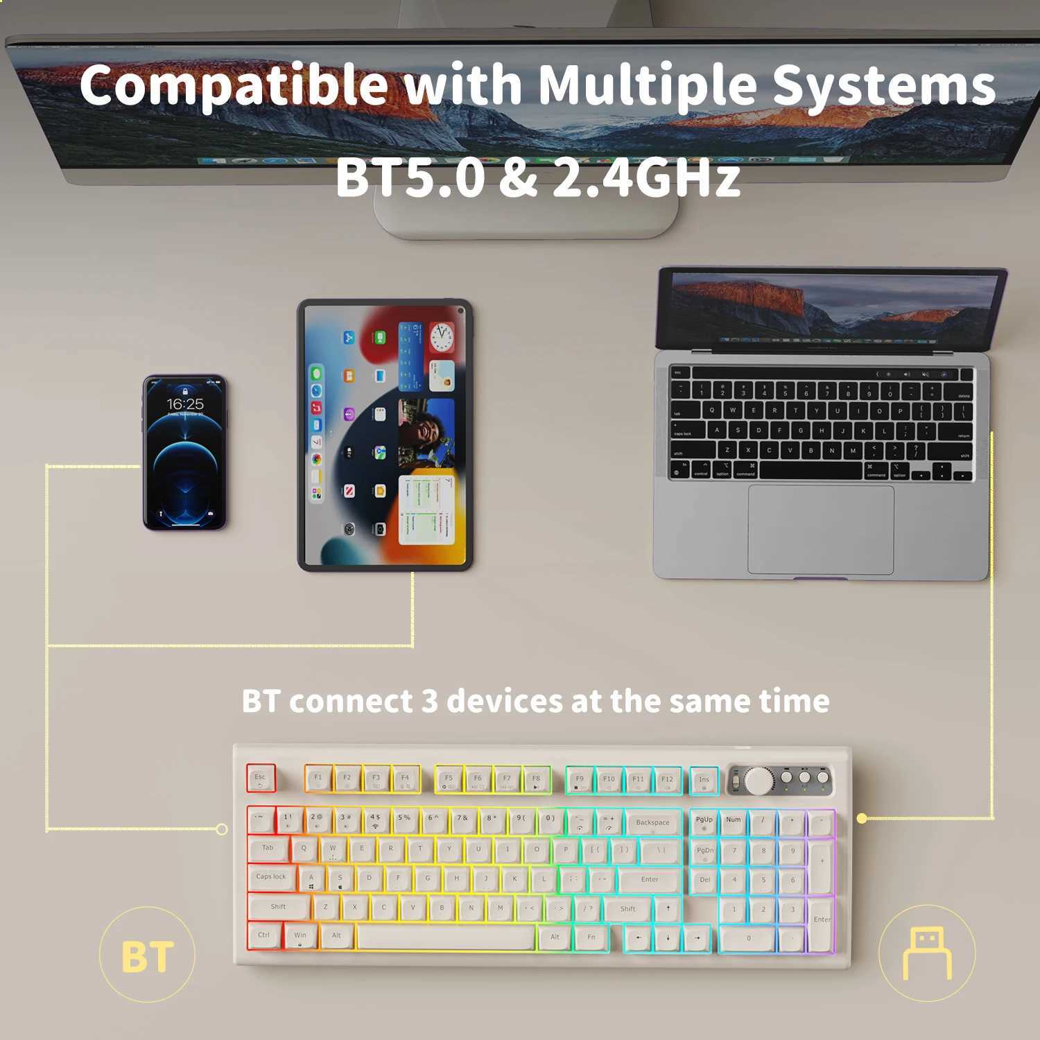 EWEADN V97 Cute Creamy Keyboard /2.4GHz Gaming Keyboard Wireless with RGB Backlit Rechargeable Quiet for PC Gamer Z250304