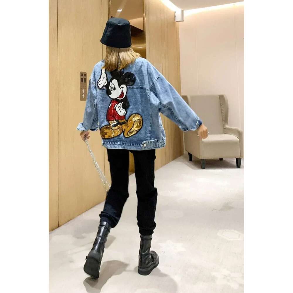 2022 Spring Autumn Long Sleeve Embroidered Sequin Cartoon Oversized Denim Jacket Women Loose Mid-Length Fashionable Jeans Coat