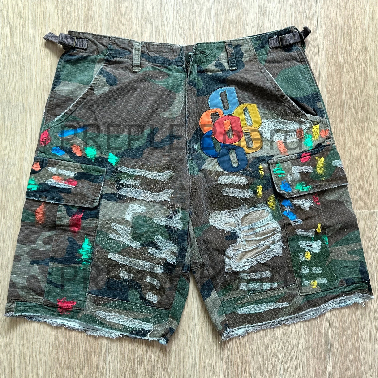 Mens Summer Camouflage Shorts Colored Splicing Leather Letter Knee Jeans Tactical Khaki Shorts 250303