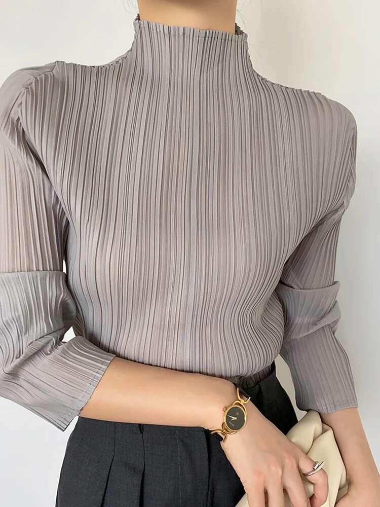 Miyake Pleated Women Shirt Tops 2023 Autumn Winter High Fashion Designer New Aesthetic Clothing Long Sleeve Turtleneck T-Shirt