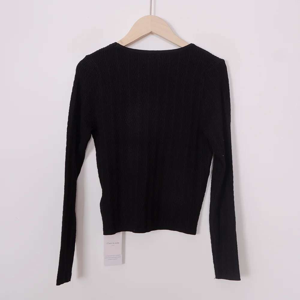 Solid Knit Women Short Style T-Shirt V-Neck Long Sleeve Slim Fit Button Lady Cardigan Casual Vintage Femme Top 2025
