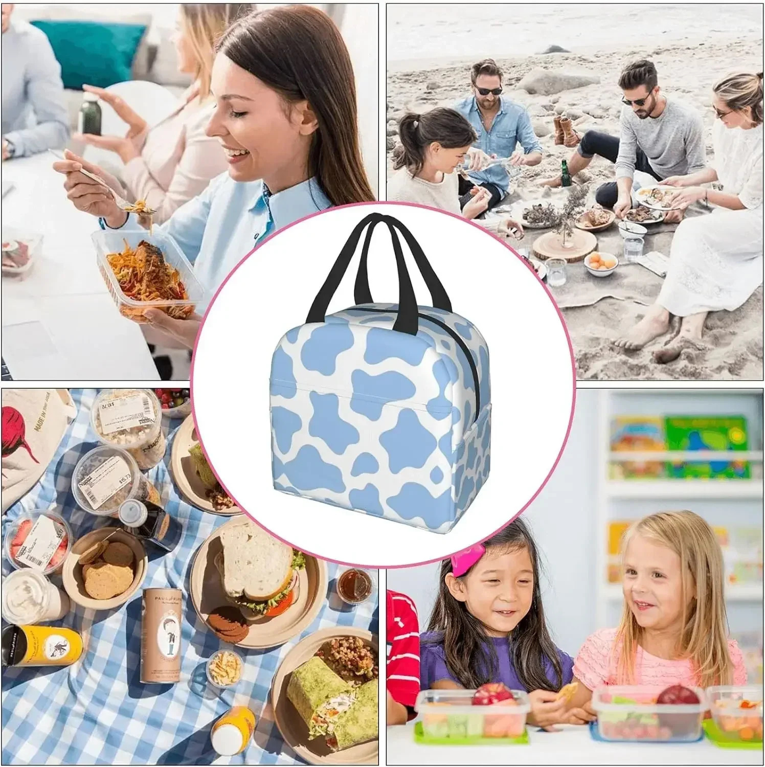 Light Blue Cow Animal Lunch Bag for Travel Work Picnic Bento Cooler Reusable Tote Lunch Boxes Insulated Container Shopping Bags 250228