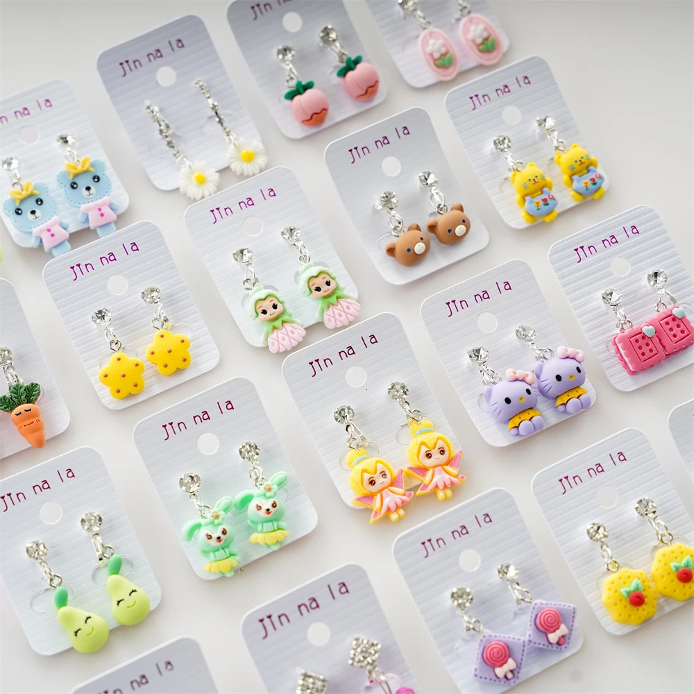 50 pairs/batch of cute cartoon animal earrings with fruit clips for children girls gifts jewelry mixed style no perforations wholesale 250304