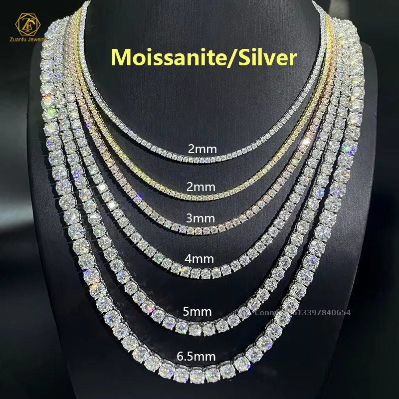Factory Wholesale Jewelry Sier Hip Hop Rock Dia Chain 2mm 3mm 4mm 5mm 6.5mm VVS Moissanite Tennis Necklace