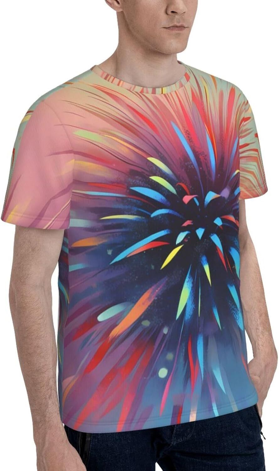 Mens T shirt Colorful Fireworks 3D Graphic T-Shirt for Men and Women - Exploding Fireworks Trendy Casual Soft Comfort Crew Neck Tee tee Casual tops su