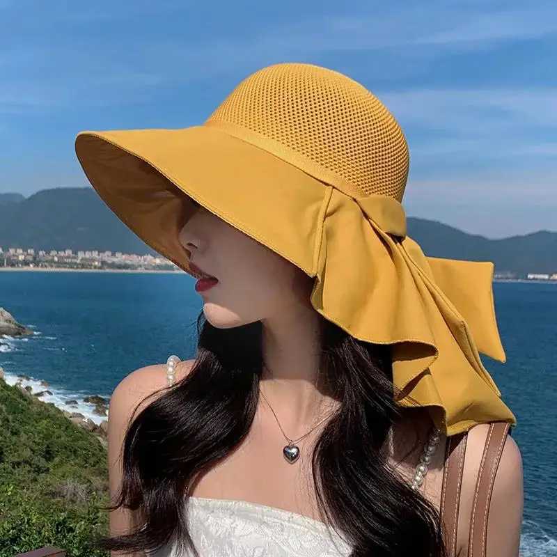 Women Hat Summer Bucket Hat With Shl Lightweight Breathable Mesh Face Neck Protection Sun Hat Bow Big Brim Travel Beach HatXJ250304