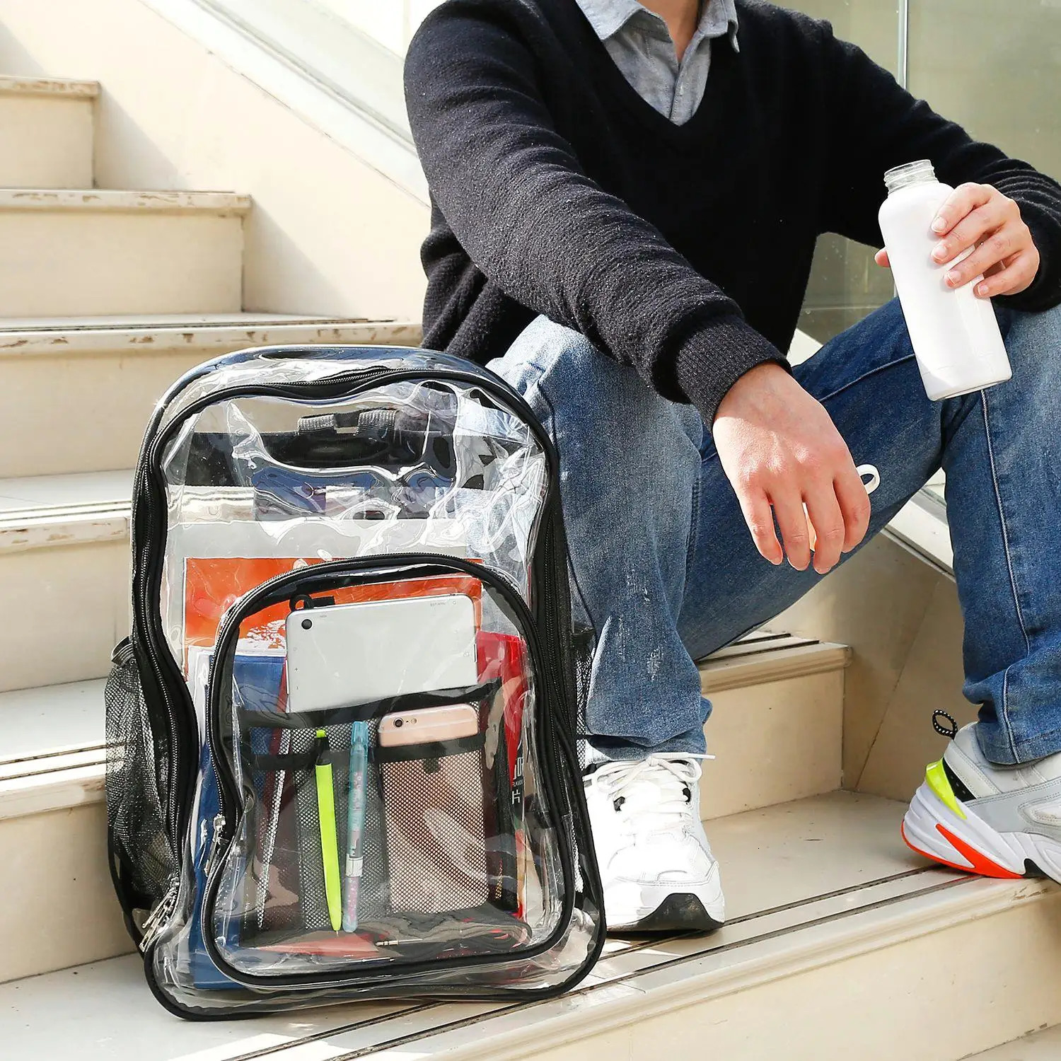 Ship from US Heavy Duty Large Clear Backpack for school | Waterproof PVC Book Bag with Reinforced Straps 53Gal Transparent Rucksack 250304FBB