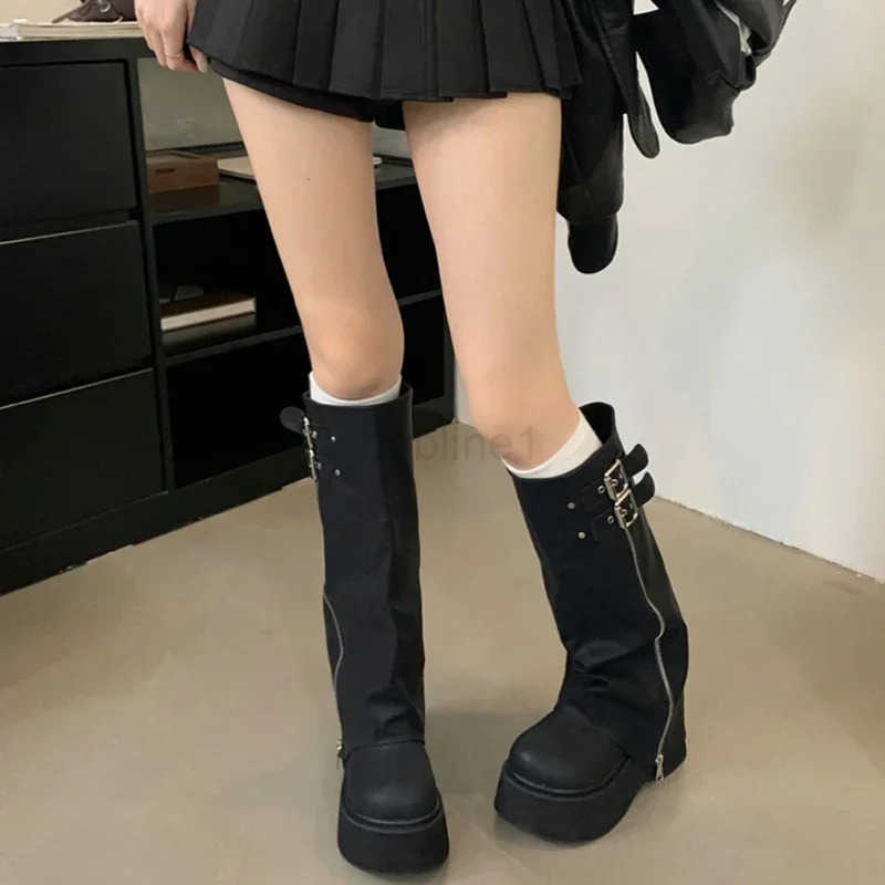 Autumn Winter Chunky Wen Knight High Boots Fion Platform Flats Trouser Long Booties Fem Wern Cowboy Shoes Z250304