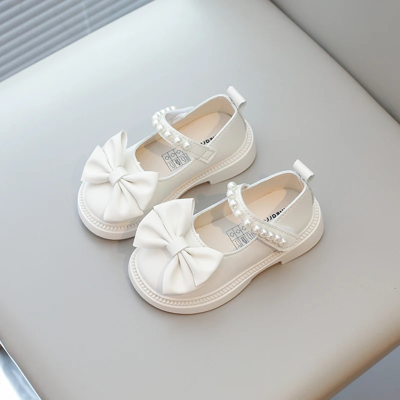 Girls casual shoes childrens PU leather shoelaces bead bows cute and fashionable princess wedding dresses party apartments soft 250303