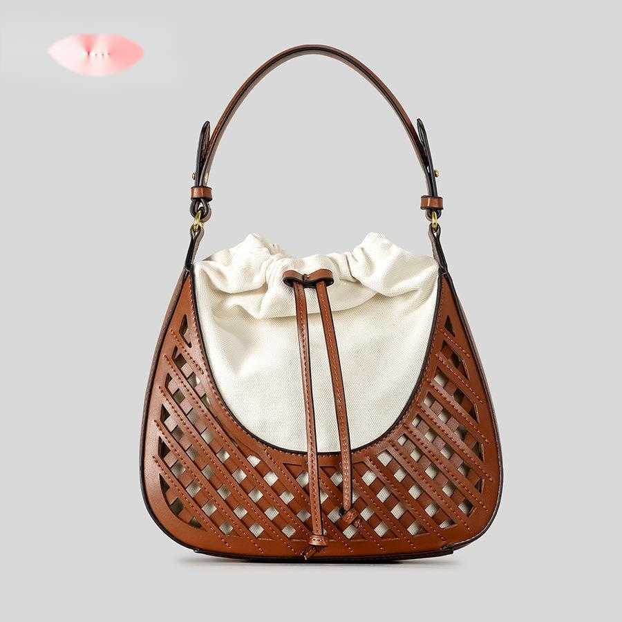 PU woven bucket bag summer hollow drawstring shoulder crossbody bag dark brown handbag for women 250315