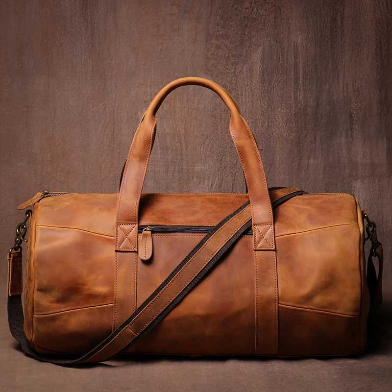 LUOKIR Luxury Genuine Leather Travel Bag Vintage Crazy Horse Cowhide Shoulder Luggage Bag Men Casual Handbag Weekend Duffle Bag Y250304