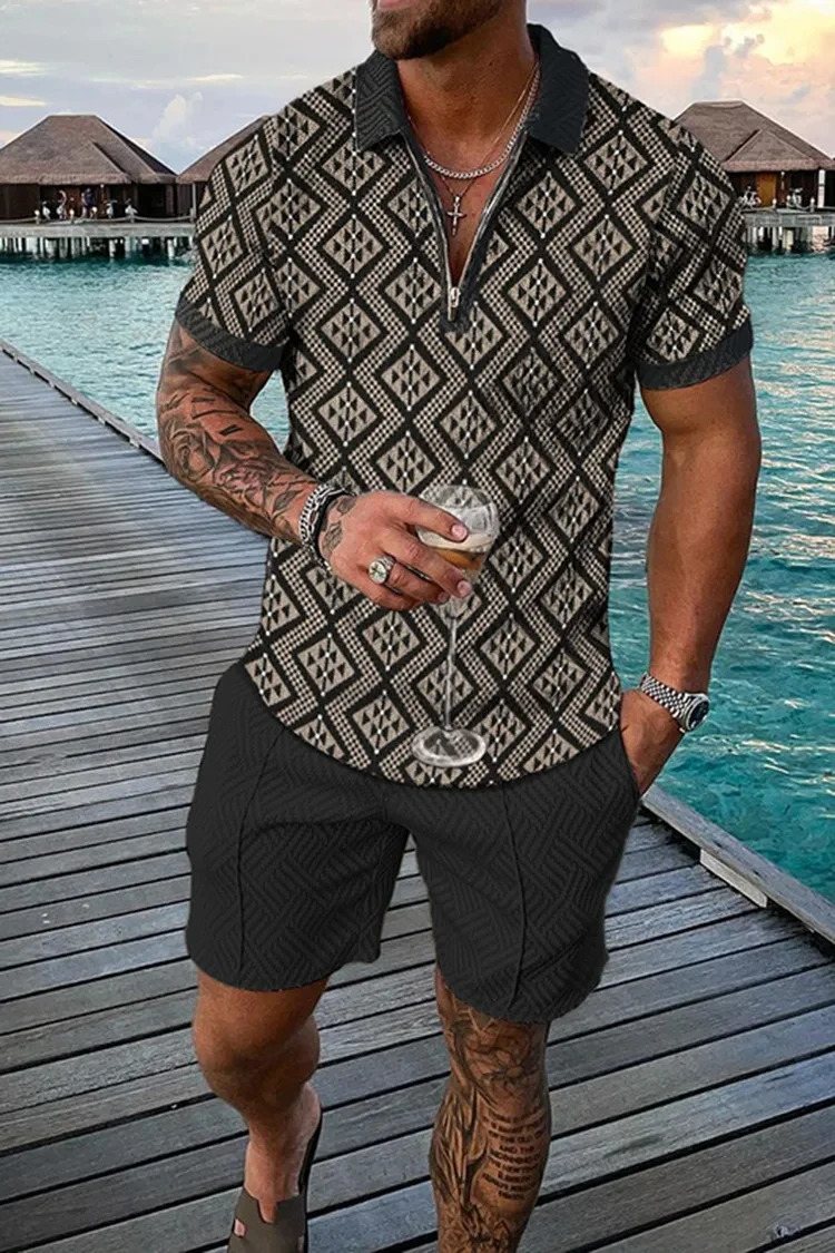 Vintage Casual Striped 3D Print Polo shirt 2pcs Set Zipper Lapel Polo Sets Zipper CollarShorts Hawaii Holiday Style Man Clothes 250304
