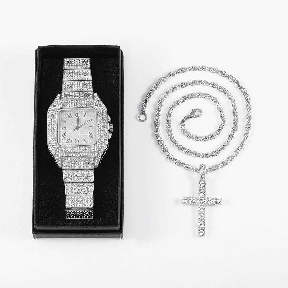 3pcs Stylish Jewelry Set Hip-hop Punk Inlay Diamond Square Quartz With Cross Pendant Necklace For Men Women Party Gift BoxXJ250304