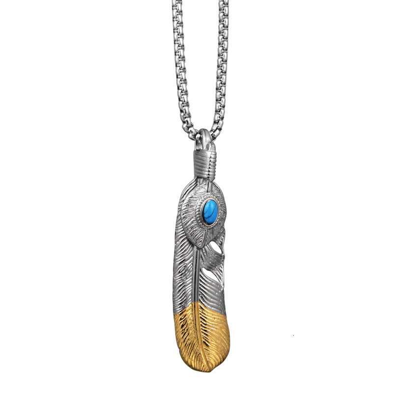 Hiphop Bar Hip Hop Trendy Accessories Pine Stone Room Gold Feather Necklace Men's and Women's Titanium Steel Jewelry 3199