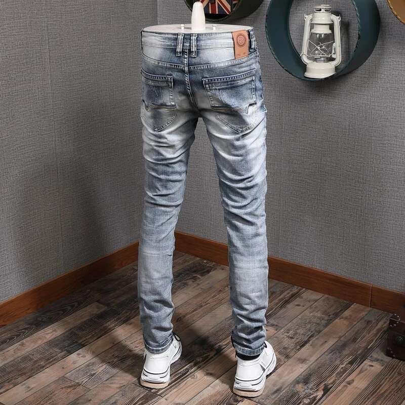 Fashion Designer Retro Light Blue Stretch Slim Fit Printed Ripped Jeans Men Hole Trousers Vintage Casual Pants Hombre