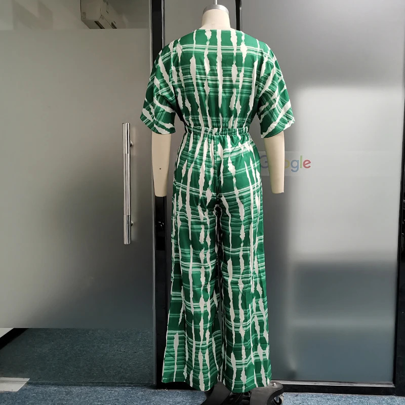 Wefads Women Jumpsuit Dolman Sleeves V Neck Lace Up Nipped Waist Printing Loose Wide Legs Casual Pants Romper High Streetwear 250303