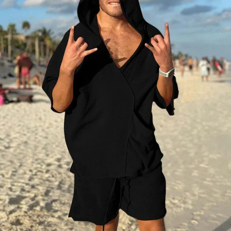Mens Sets Cotton Linen Two-Piece Set Short-Sleeve Hoodie V-Neck T-Shirt Loose Home Suits Irregular Shorts Monochromatic Summer 250303