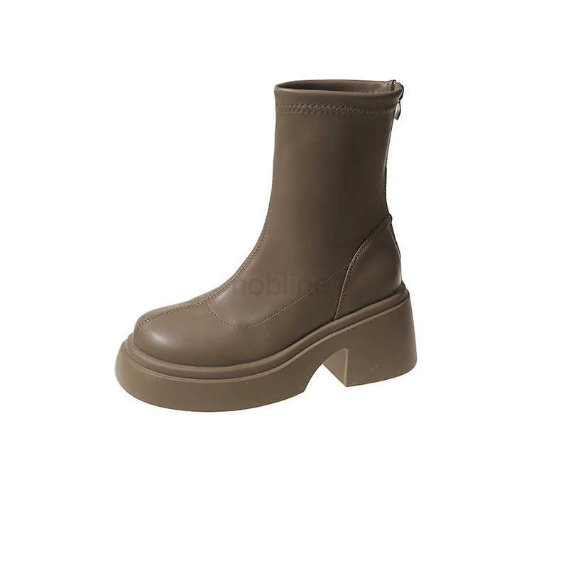 Ladies Shoes on S High Quality Zipper Wens Boots Autumn Round Toe Solid Short Barrel Platform Chunky H Fion Boots Z250304