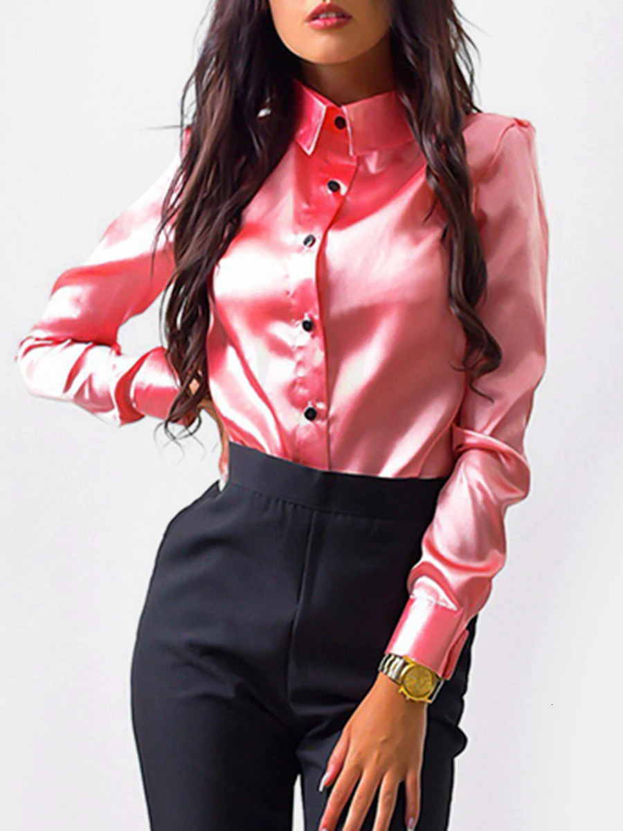 Female Spring and Autumn Clothing Girls Satin Shirt Long Sleeve Collar Button Top Womens Minimalist Wear 250303