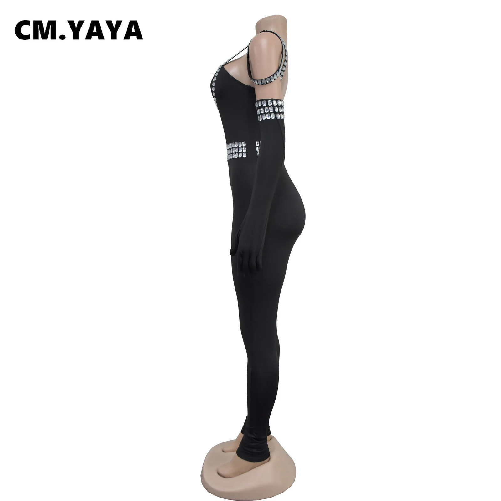 CM.YAYA Women Diamonds Rhinestones Sexy Strap Long Sleeve Jumpsuits Streetwear Club One Piece Overall Rompers with Gloves 250303