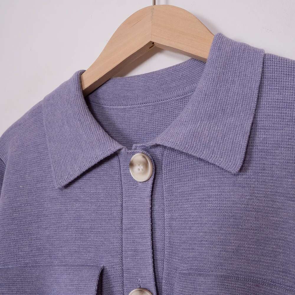 Sa Solid Color Jacquard Knit Cardigan Turn-Down Collar Long Sleeve Button Pocket Female Sweater Casual Cozy Ladies Top