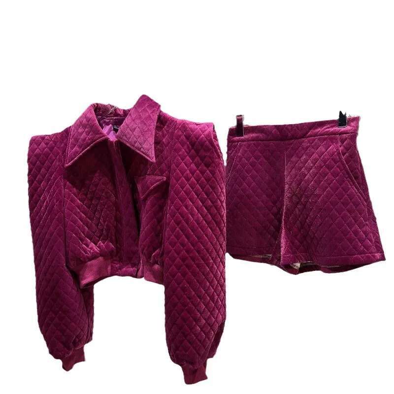 3-15 Winter Girls Cotton Three Dimensional Shoulder Dia Grid Clothes Set Short Jacket+Short 2Pcs Kids Suit Child Outfits