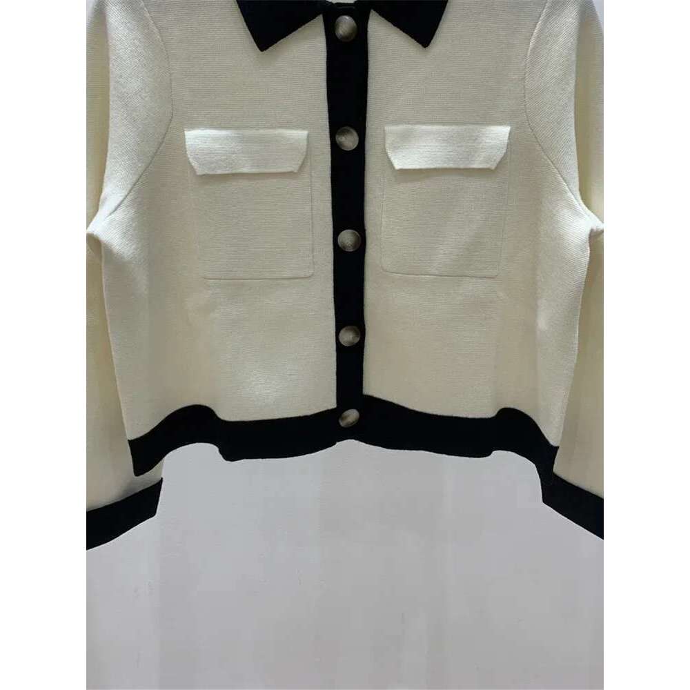 Women Contrast Color Wool Knit Cardigan Fashion Single Breasted Turn-Down Collar Female Double Pockets Sweater Coat Top