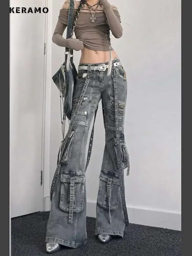 Women's Y2k Slim Fit Lace-Up Denim Trouser Washed Vintage Classic Emo Casual Pants Grunge Street Retro High Waist Pockets Jeans