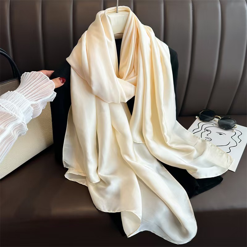 T224 Spring and Summer Pure Color Simple Long Silk Scarf All-match Scarf Women's Beach Towel Middle East Head Scarf Korean Satin Silk Scarf