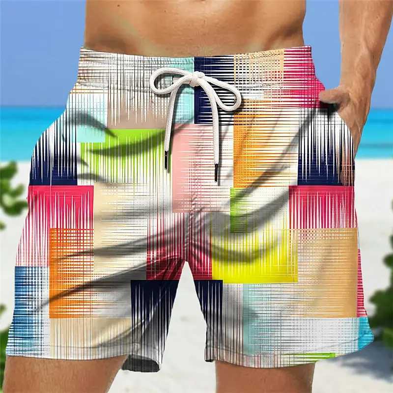 Mens Shorts Swim Trunks Drawstring Stripe Graphic Geometry Quick Dry Short Casual Holiday Hawaiian Micro-elasticT250304
