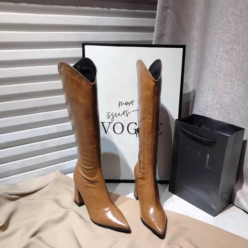 Knee Shaft Shoes Wan Elegant Heeled Pointed Toe Leather High H Long Boots for Wen S Waterproof New Rock Work Boot Hot Z250304