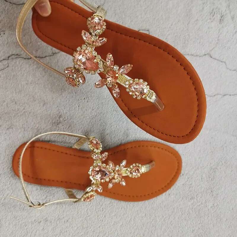 Trendy Summer 2025 Women's Shoes Large Size Beautiful Crystal Shiny Flat with Female Sandals Bohemia Back Strap Footwear