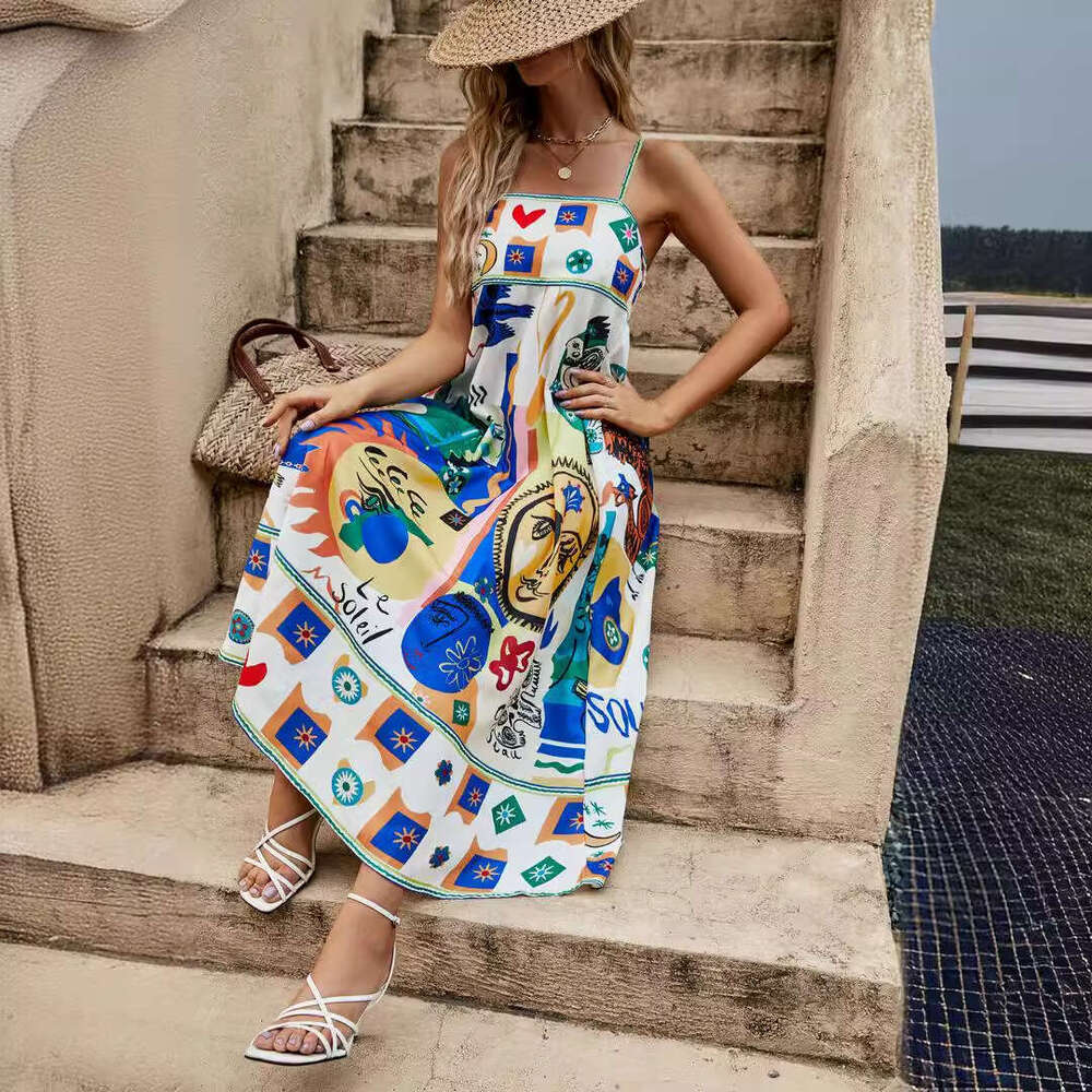 Sexy Women's Strap Graffiti Printed Cotton and Hemp Sleeveless Swing Dress with Versatile Style for 2025 New Trendy Clothing Ins
