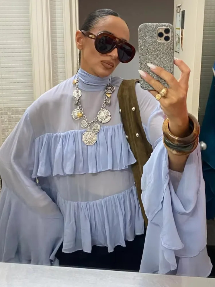 Womens Chic High Neck Gauze Blouses Blue Sheer Ruffle Loose Sleeve Chiffon Shirt Spring Lady Casual Street Vacation Top 250228