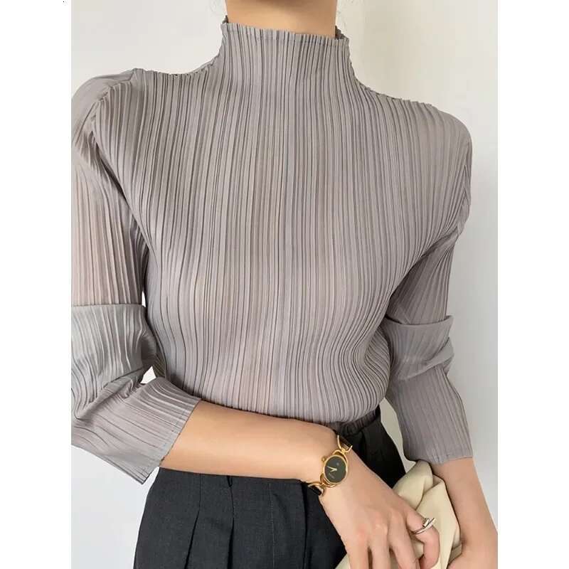 GGHK Miyake Pleated Women Shirt Tops Fashion Designer New Comfortable Causal Long Sleeve Turtleneck T-Shirt Aesthetic Clothing