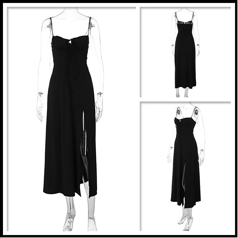 Strapless A-Line Midi for Women - Spaghetti Strap, Backless Split, Summer Party Dress C260312